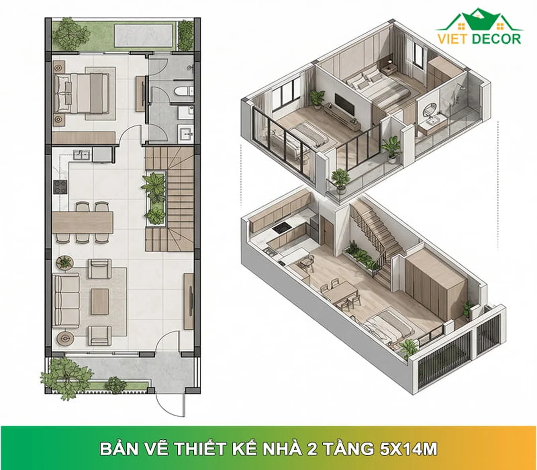 Bản vẽ nhà 2 tầng 5x14m thể hiện mặt bằng công năng chi tiết Bản vẽ nhà 2 tầng 5x14m thể hiện mặt bằng công năng chi tiết