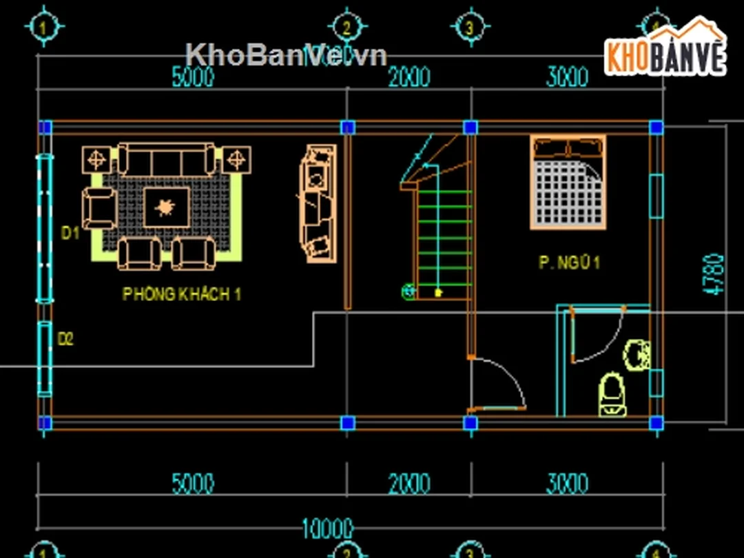 Bản vẽ nhà 5x10m file CAD kiến trúc nhà 2 tầng