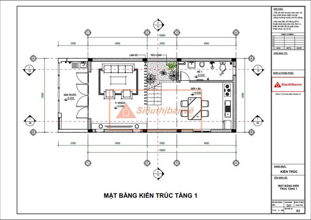 Bản vẽ nhà 5x10m mặt bằng tầng 1 bố trí phòng khách và bếp