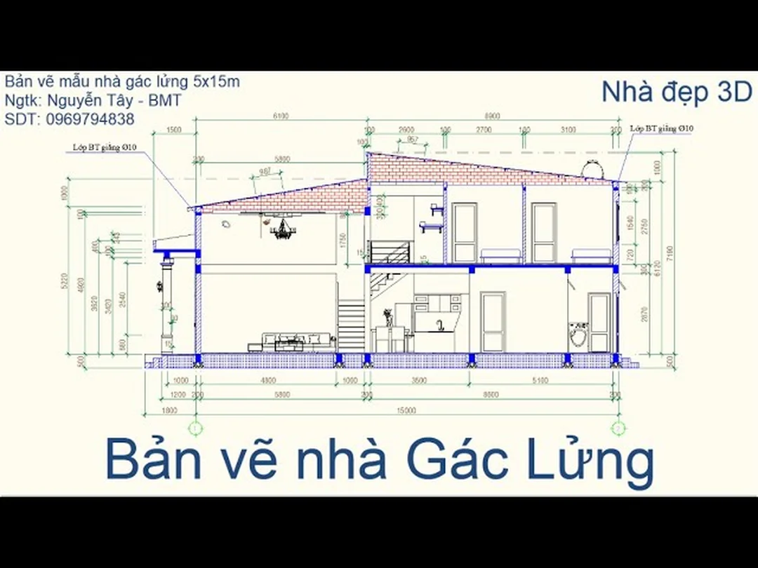 Bản vẽ nhà gác lửng phối cảnh mặt tiền hiện đại Bản vẽ nhà gác lửng phối cảnh mặt tiền hiện đại