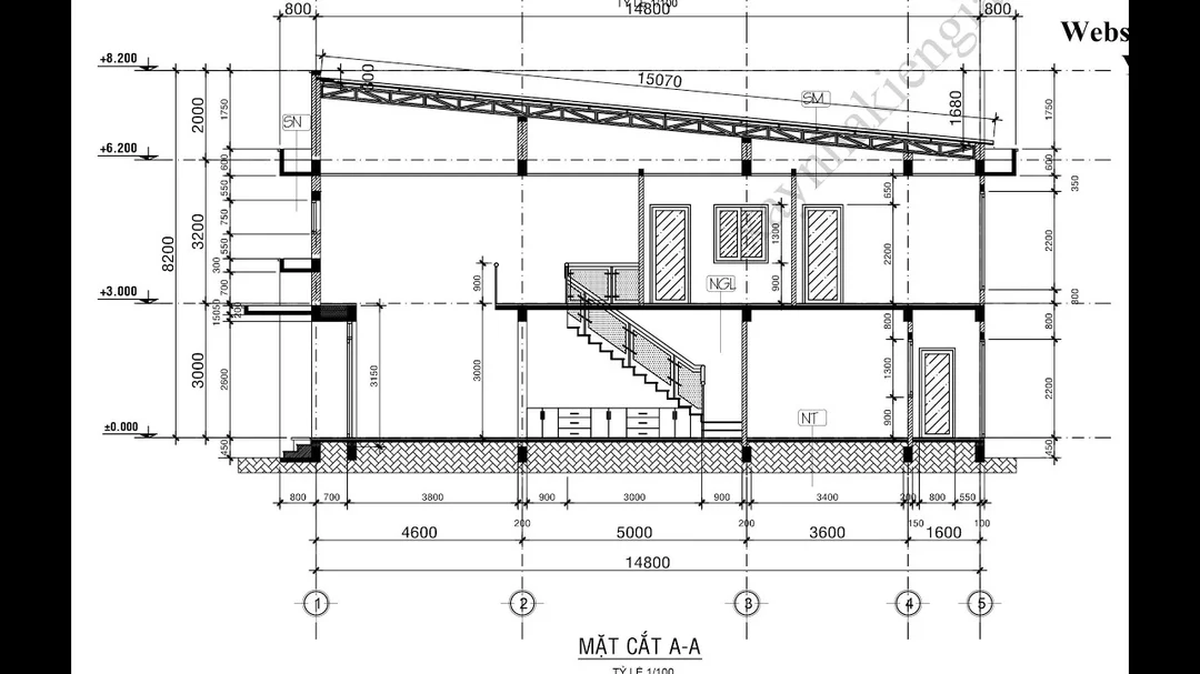 Bản vẽ nhà gác lửng với phối cảnh cầu thang và không gian mở Bản vẽ nhà gác lửng với phối cảnh cầu thang và không gian mở