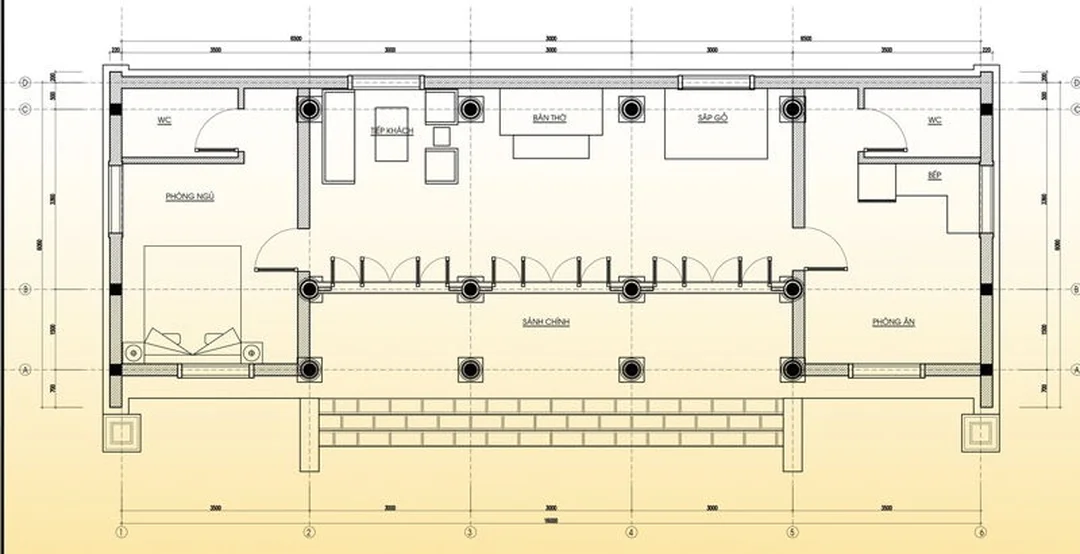 bản vẽ nhà gỗ 3 gian mặt bằng bố trí gian thờ và hai gian bên