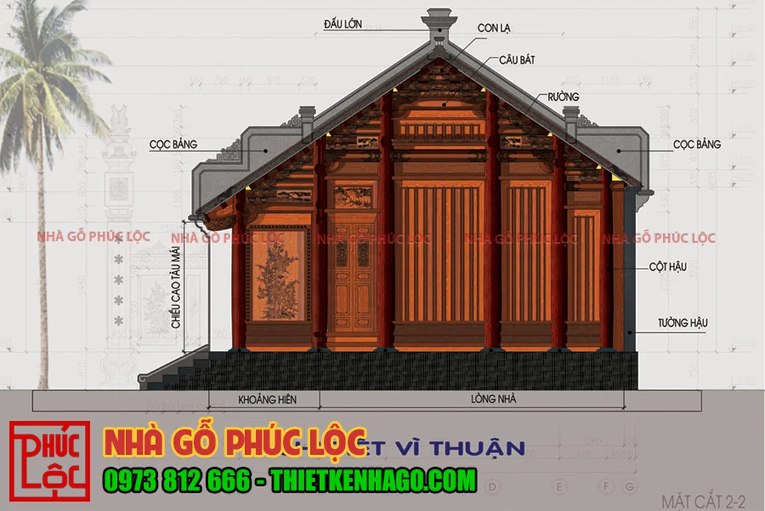 bản vẽ nhà gỗ 3 gian mặt cắt vì thuận phục vụ giải đáp kỹ thuật