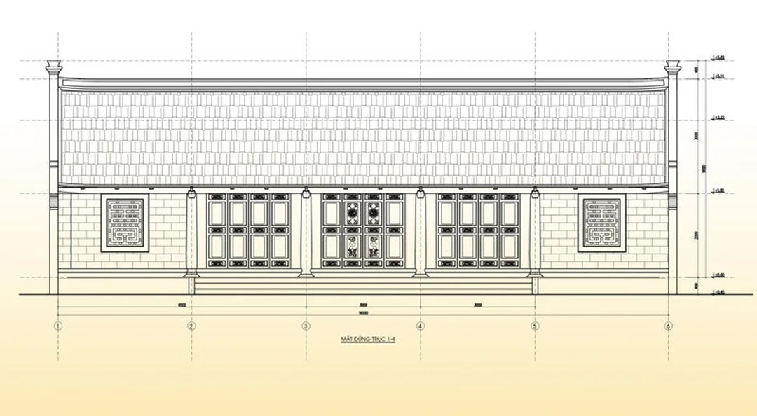 bản vẽ nhà gỗ 3 gian phối cảnh 3D thể hiện hệ cột và mái