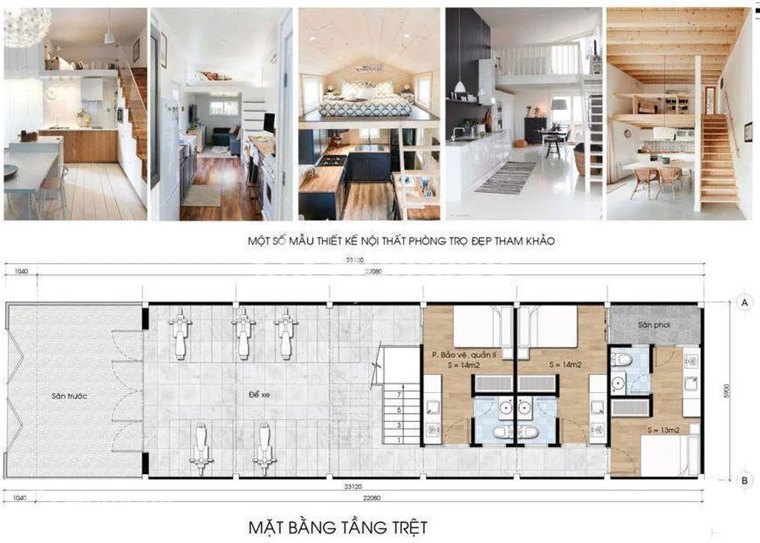 bản vẽ nhà trọ có gác lửng 18 phòng với cầu thang và hành lang thông thoáng