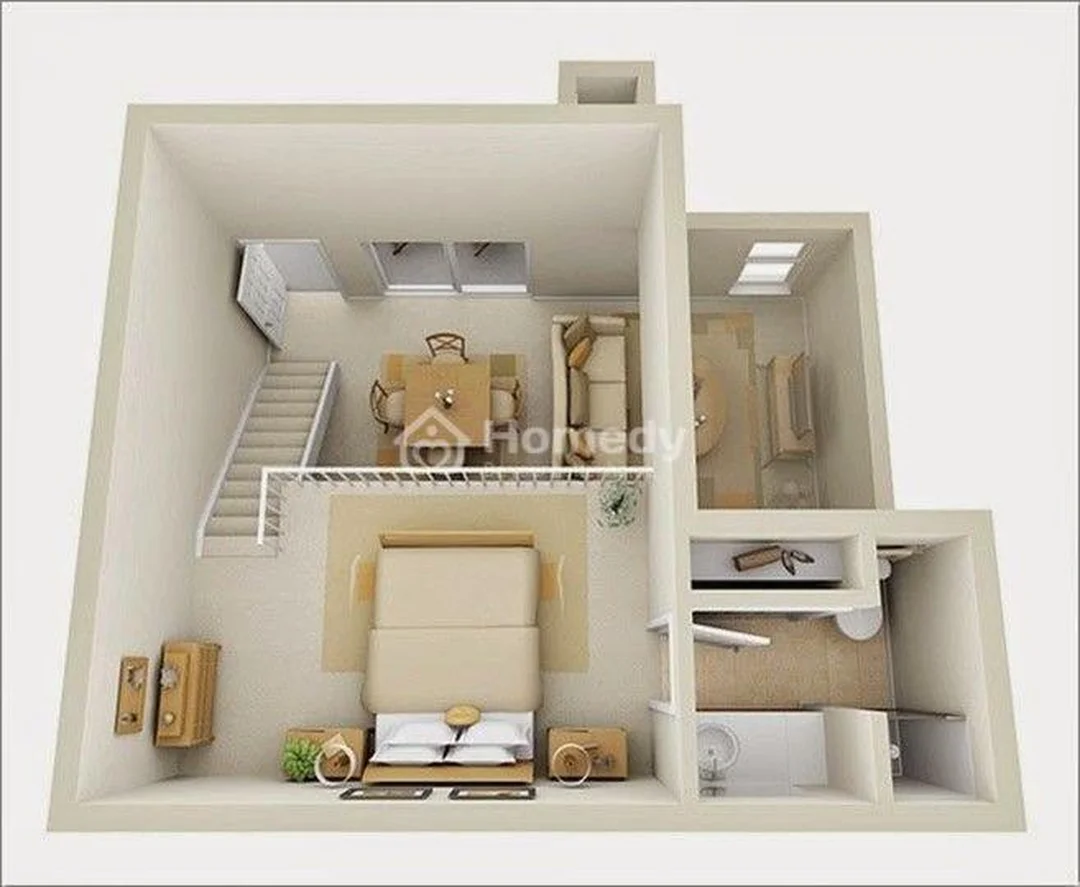 bản vẽ nhà trọ có gác lửng bố trí bếp dưới và khu ngủ trên gác