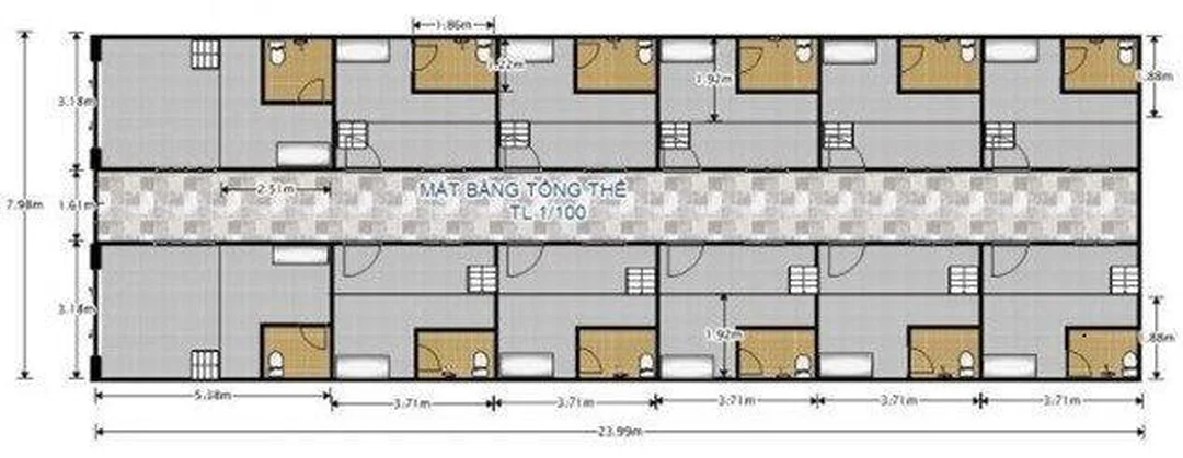bản vẽ nhà trọ có gác lửng với mặt bằng chia phòng 12m2 đến 16m2