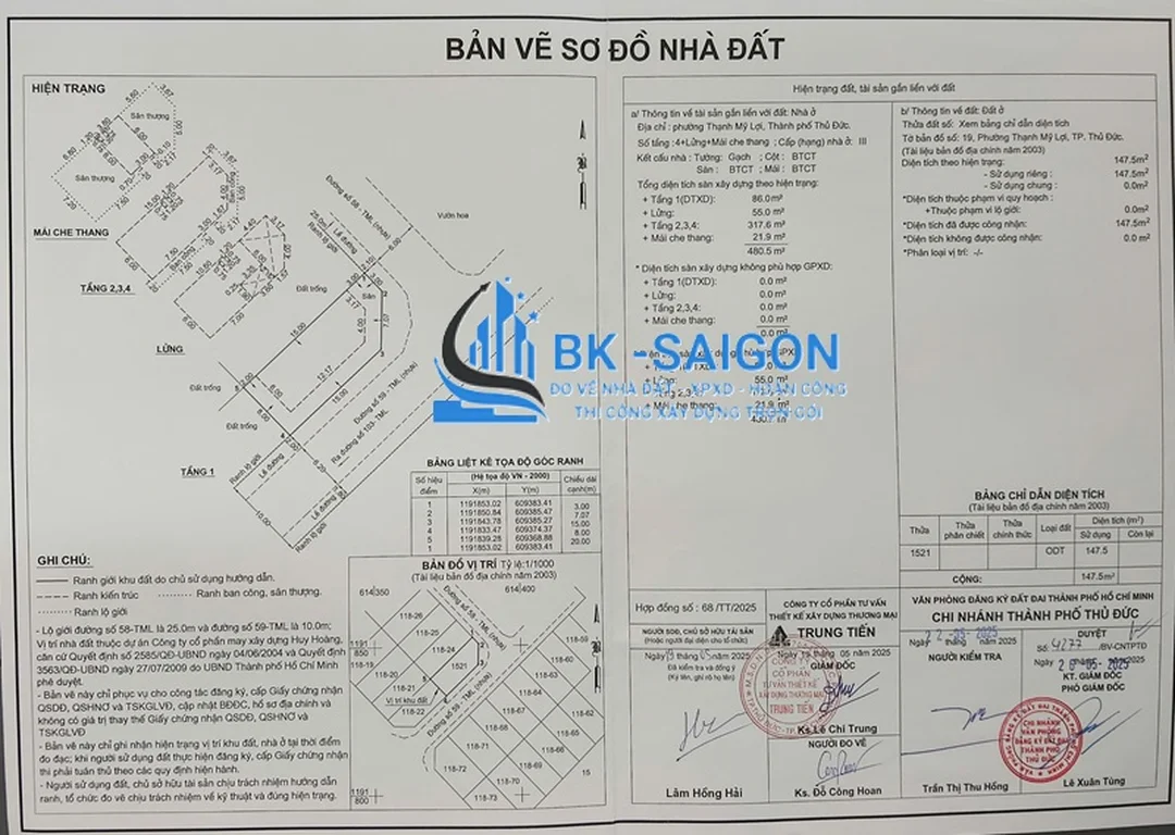 bản vẽ nhà xác định ranh đất và kích thước thực tế