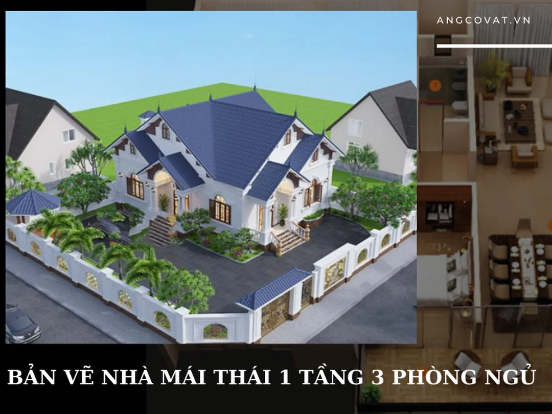 bản vẽ nhà 1 tầng đơn giản mái Thái 3 phòng ngủ đẹp