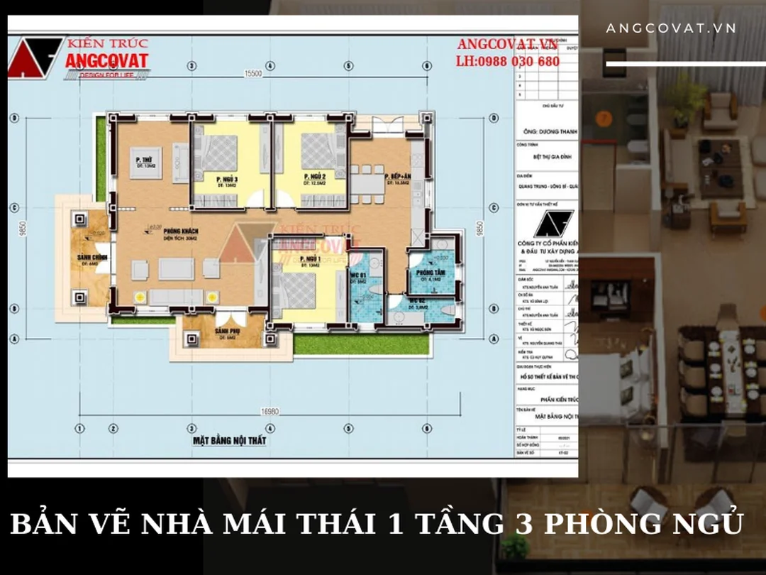 bản vẽ nhà 1 tầng đơn giản mái Thái 3 phòng ngủ sang trọng