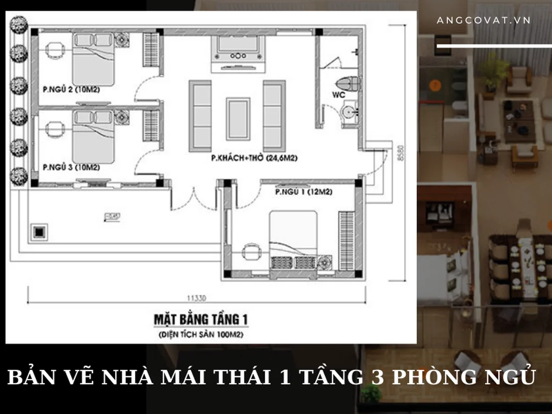 bản vẽ nhà 1 tầng đơn giản với mặt bằng 3 phòng ngủ hiện đại