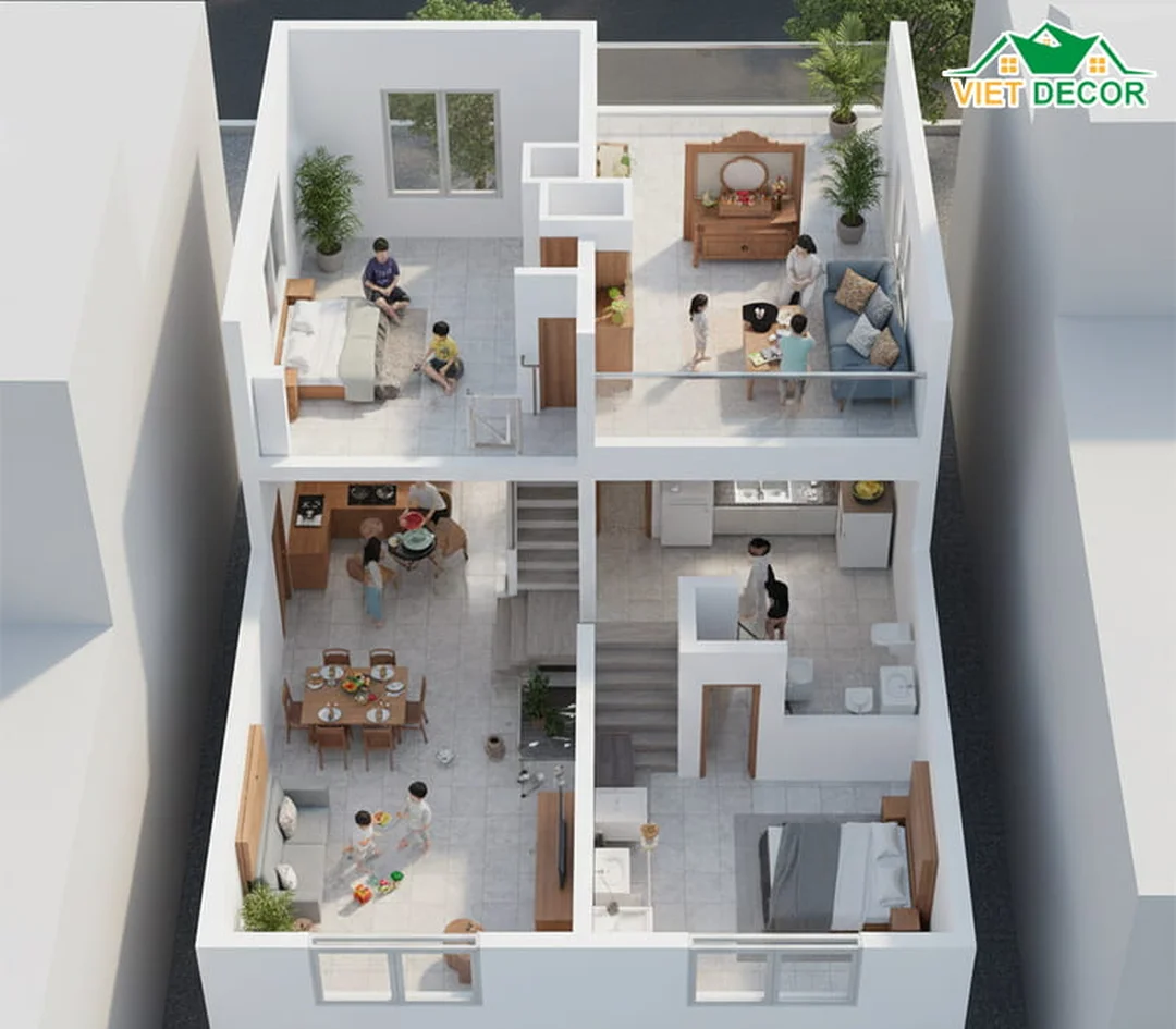bản vẽ nhà 1 trệt 1 lầu 5x20 bố trí 3 phòng ngủ