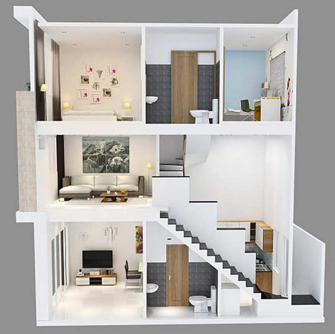 Mặt tiền nhà phố có tầng lửng sáng thoáng bản vẽ nhà 1 trệt 1 lửng 1 lầu mặt tiền sáng thoáng