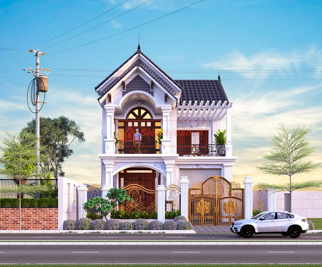 bản vẽ nhà 2 tầng 3d ngoại thất mái Thái có sân vườn