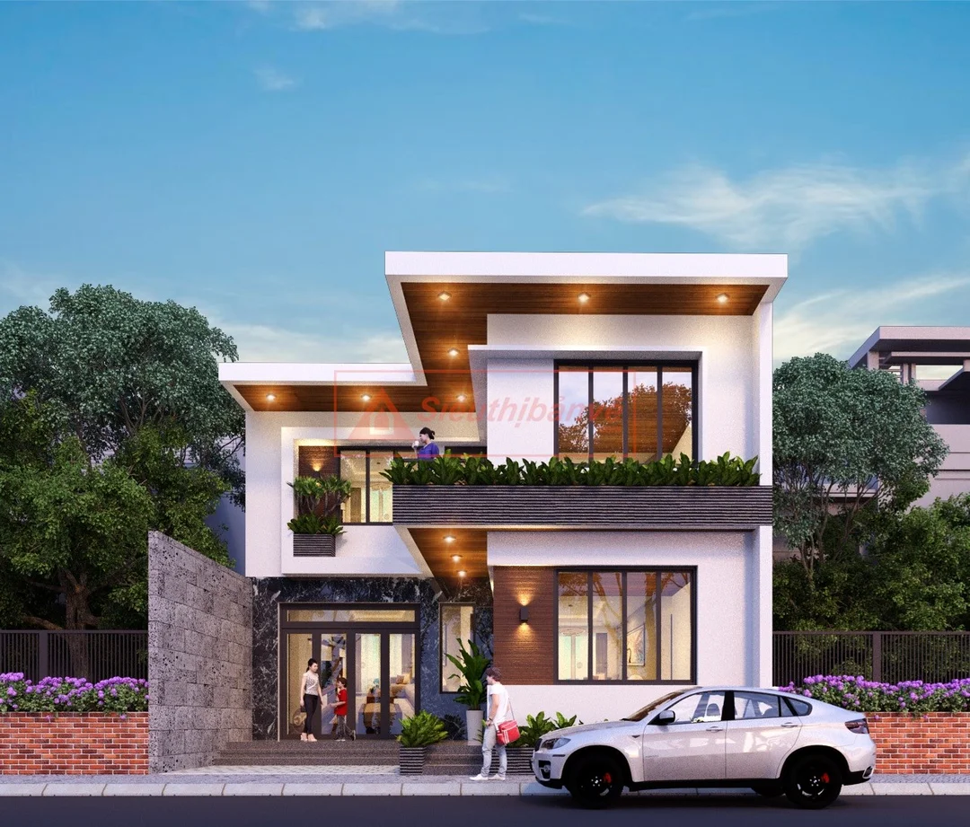 bản vẽ nhà 2 tầng 3d phối cảnh chữ L mái bằng hiện đại