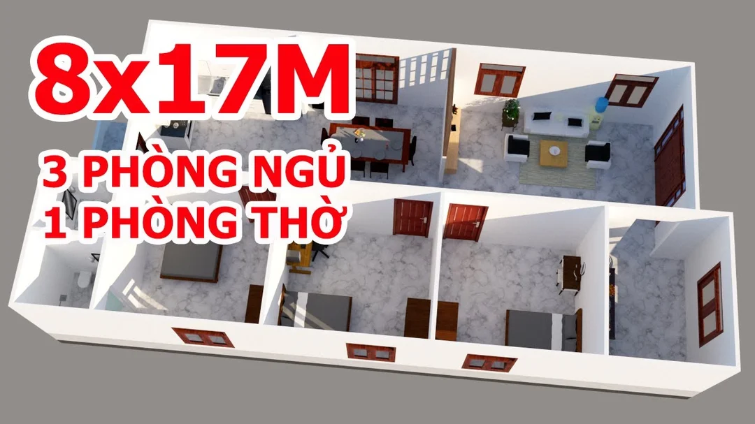 Bản vẽ nhà cấp 4 8x17m 3 phòng ngủ 1 phòng thờ